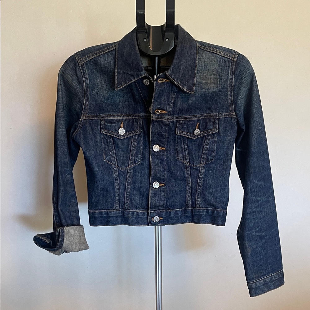 Vintage Red Engine Cropped  Dark Wash Denim Jacket
